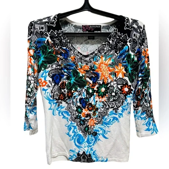 Peck & Peck beads floral quarter sleeves blouse Size Medium - Picture 1 of 4